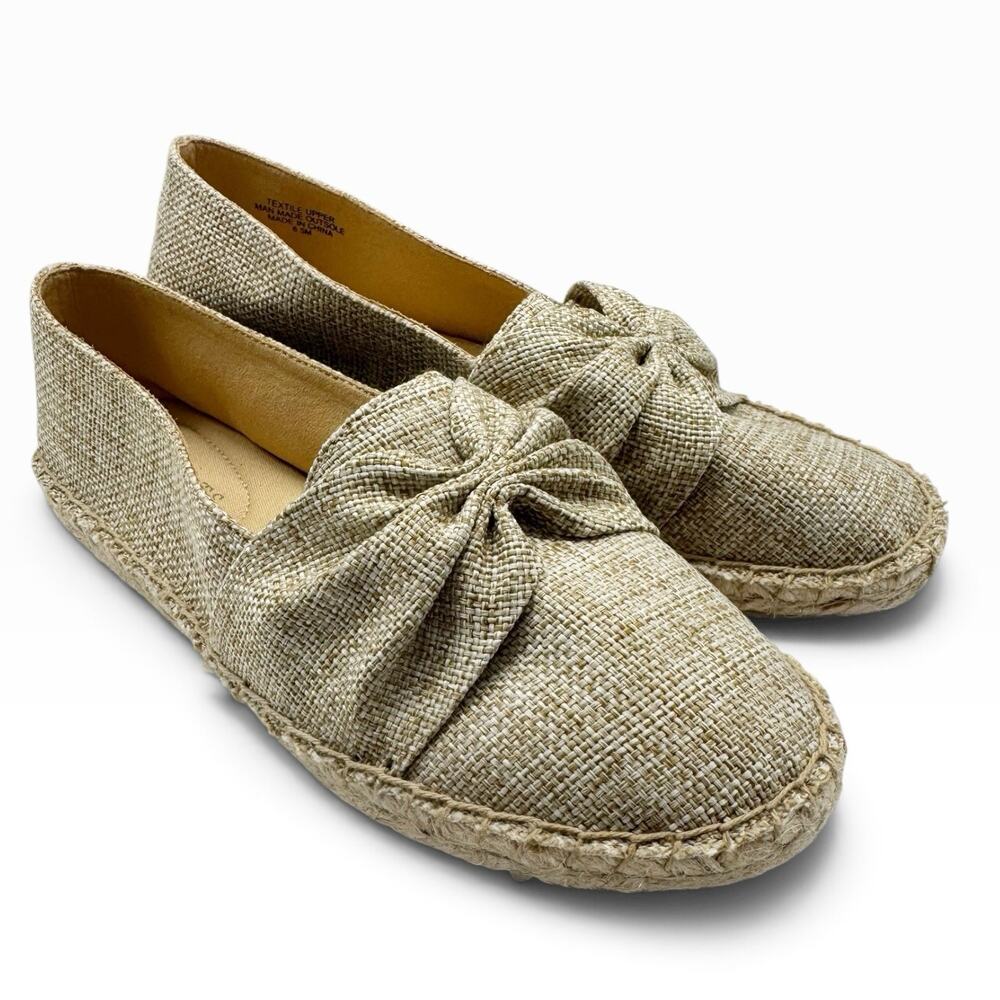 NWOB Talbots Izzy Knot Linen Espadrilles Loafers Beige Slip On Shoes Bow Sz 6.5